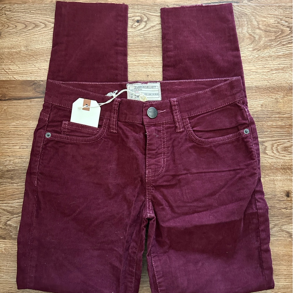 CURRENT/ELLIOTT CORDUROY THE STILETTO CROPPED SKINNY PANTS BURGUNDY COLOR 24 NEW